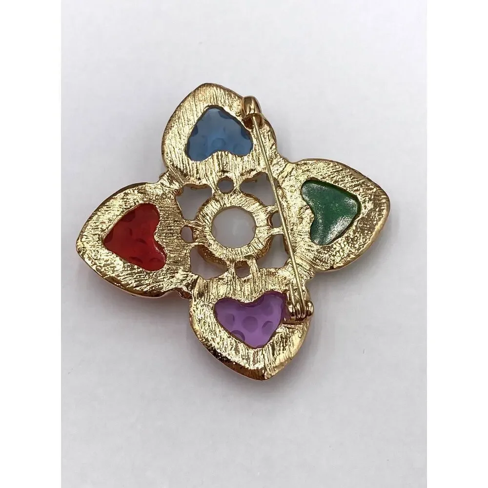 Brooch Pin Four Leaf Hearts Acrylic Colorful Faux Pearl Gold Tone